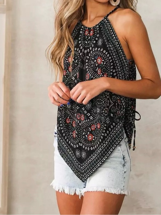willow & root Tops - Sleeveless Black Bandana Print Handkerchief Hem Camisole